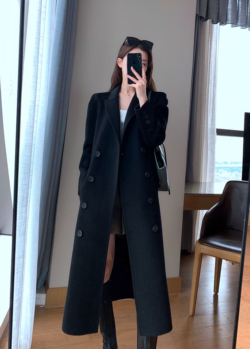 Black Double Breasted Belted Wool Blend Long Coat – Vivian Seven
