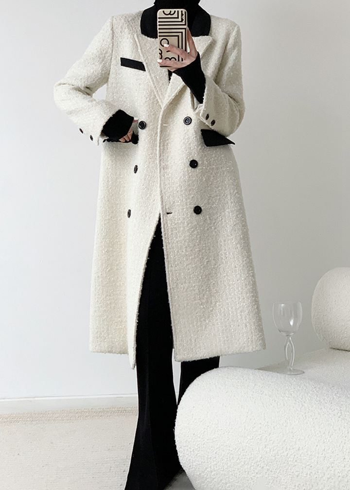 White Double Breasted Wool Blend Tweed Long Coat – Vivian Seven