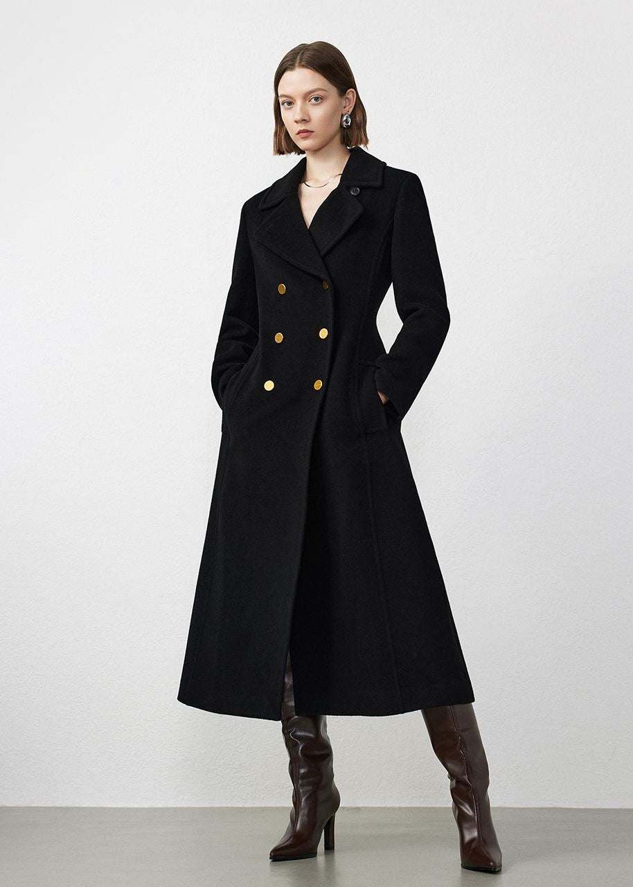 Notched Collar Double Breasted Wool Blend Long Coat – Vivian Seven