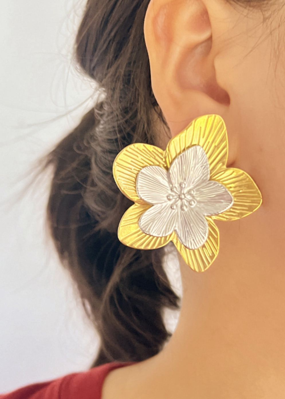 Gold Silver Layered Flower Stud Statement Earrings – Vivian Seven