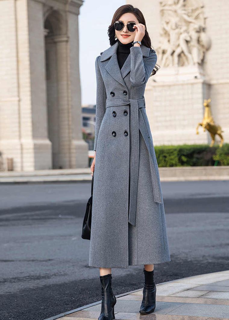 Gray Double Breasted Belted Wool Blend Long Coat Gray / XS Gray Double Breasted Belted Wool Blend Long Coat Gray / XS