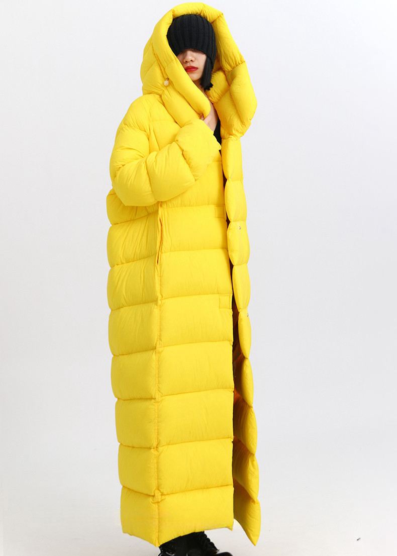With Hood Womens Mustard Puffer Coat Yellow Duck Down Hooded Maxi