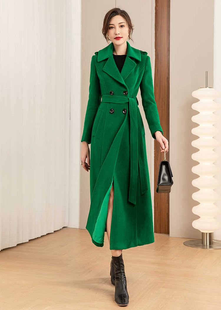 Green Double Breasted Wool Blend Long Coat – Vivian Seven