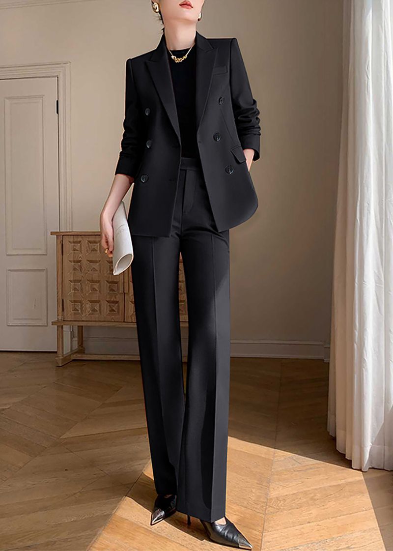 Black Double Breasted Blazer Pants Suit Two-Piece Set | Vivian Seven
