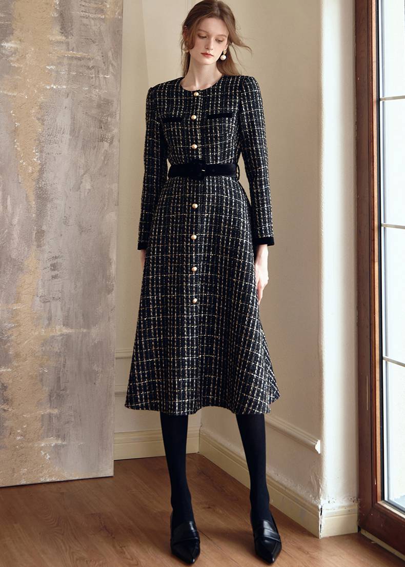 Shirley Black Long Sleeve Plaid Tweed Midi Dress Shirley Black Long Sleeve Plaid Tweed Midi Dress