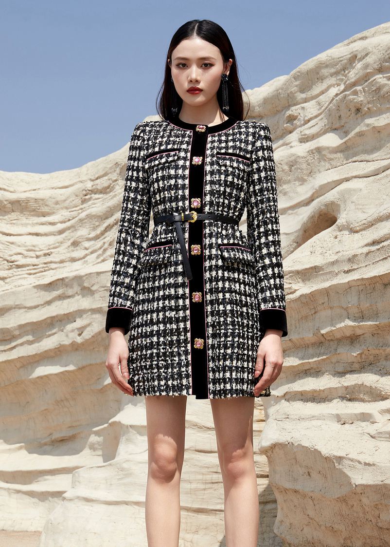 Sequin Black Plaid Tweed Jacket Black / M
