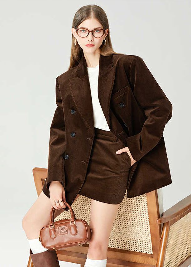 Brown Velvet Double Breasted Blazer Mini Skirt Suit Set – Vivian Seven