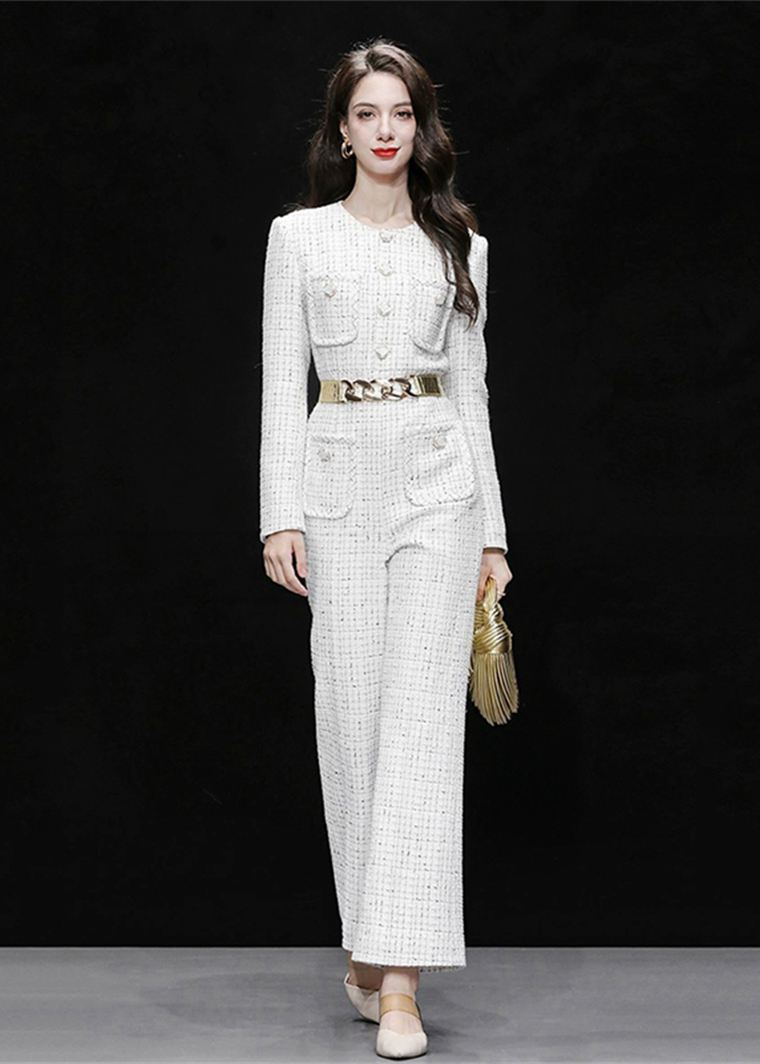 【新品/完売品】sugaryuu Classic Tweed Jumpsuit White Tweed Single Breasted Wide Leg Jumpsuit – Vivian Seven