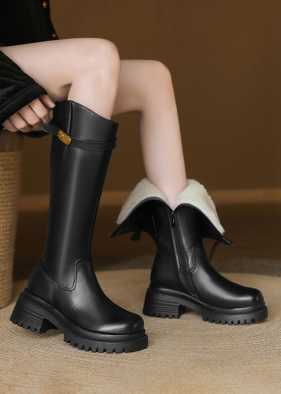 Belted Lug Sole Genuine Leather Wool Fur Lining Long Boots Black / 7 Belted Lug Sole Genuine Leather Wool Fur Lining Long Boots Black / 7