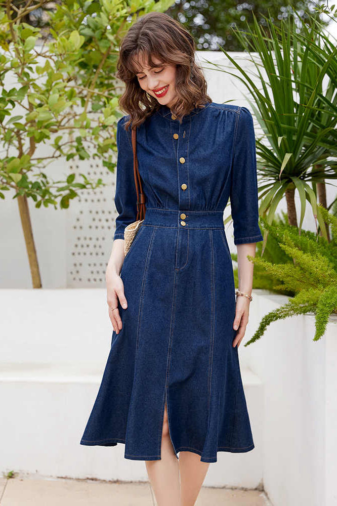 white christmas dresses Raw Hem Snap Down Half Sleeve Denim Dress Light / S