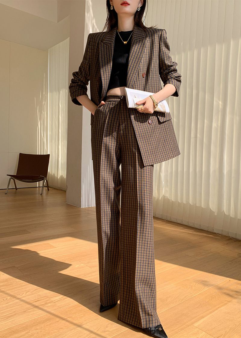 Brown Plaid Blazer Wide Leg Pantsuit Set Brown / M