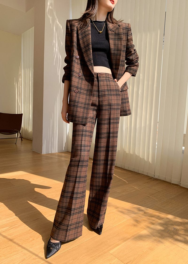 Coffee Plaid Blazer Wide Leg Pantsuit – Vivian Seven