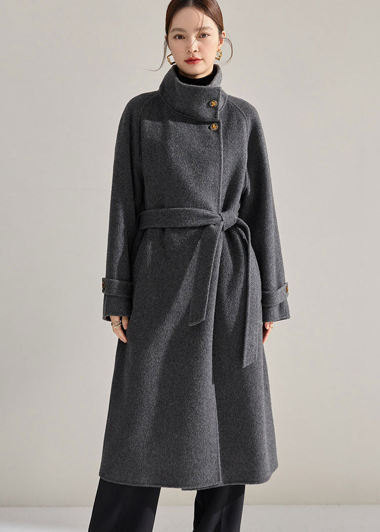 Stand Collar Belted Wrap Wool Long Coat – Vivian Seven