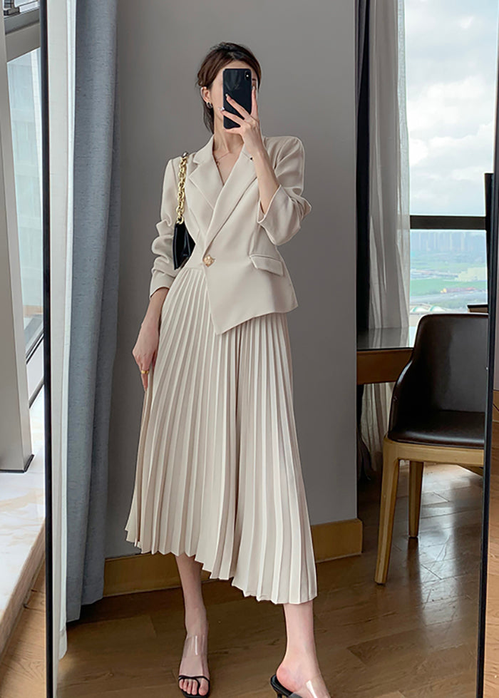 Long Sleeve One Button Blazer Pleated Dress | Vivian Seven
