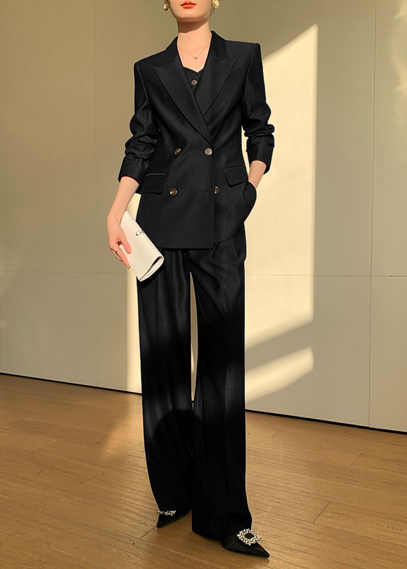 Handmade Black Double Breasted Blazer Vest Wide Pants Suit