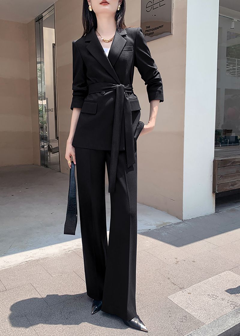 Handmade Black Double Breasted Blazer Wide Pants Suit Two-Piece