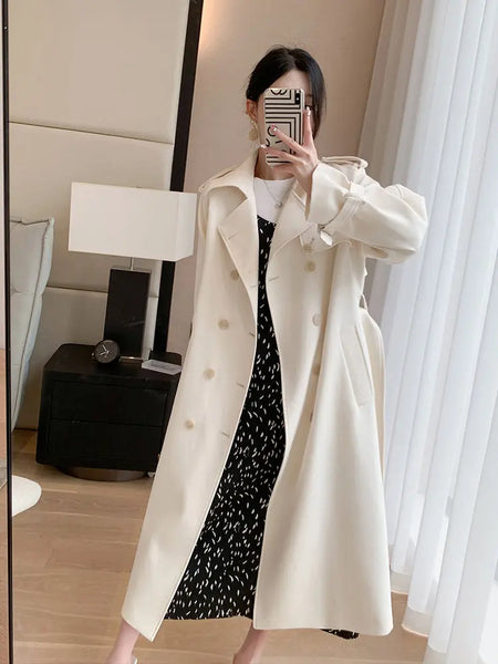 Women Trench Coat Long Double-Breasted Plaid Patchwork with Belt