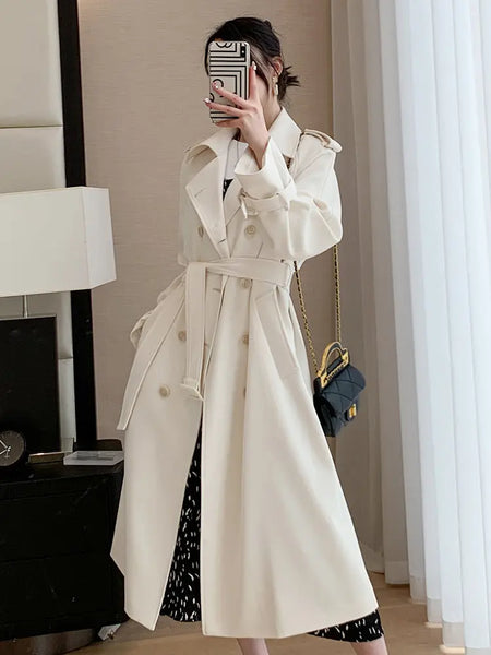 Women Trench Coat Long Double-Breasted Plaid Patchwork with Belt