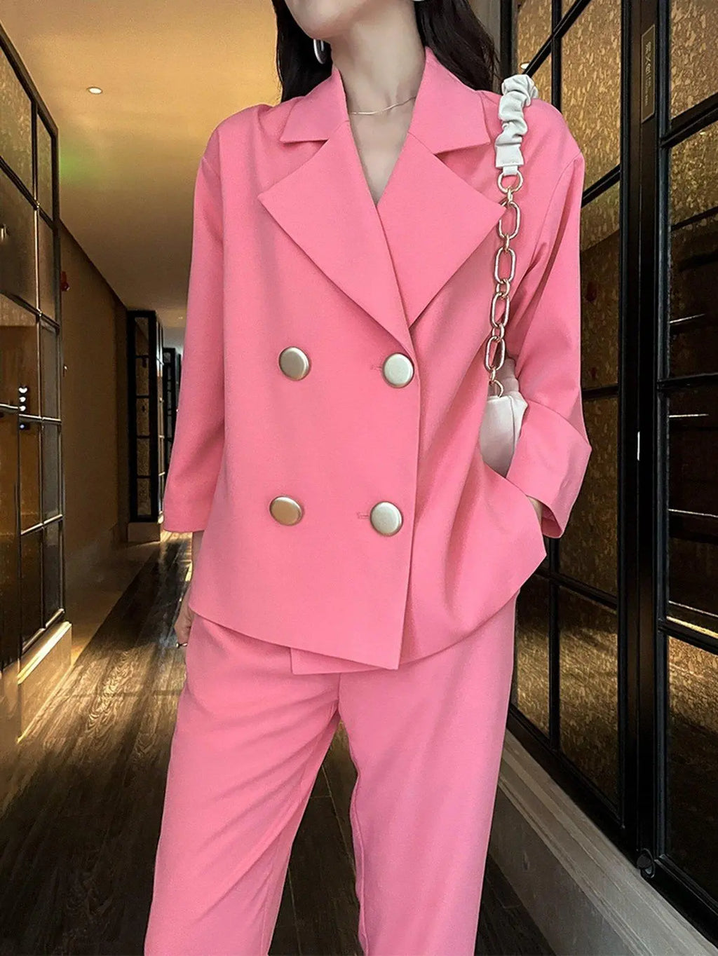 Pink Double Breasted Notch Collar Blazer & Crop Pants