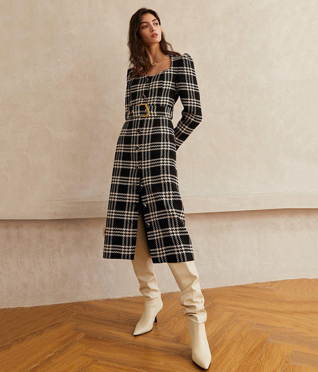 Plaid Square Neck Belted Button Wool Blend Long Dress Xs