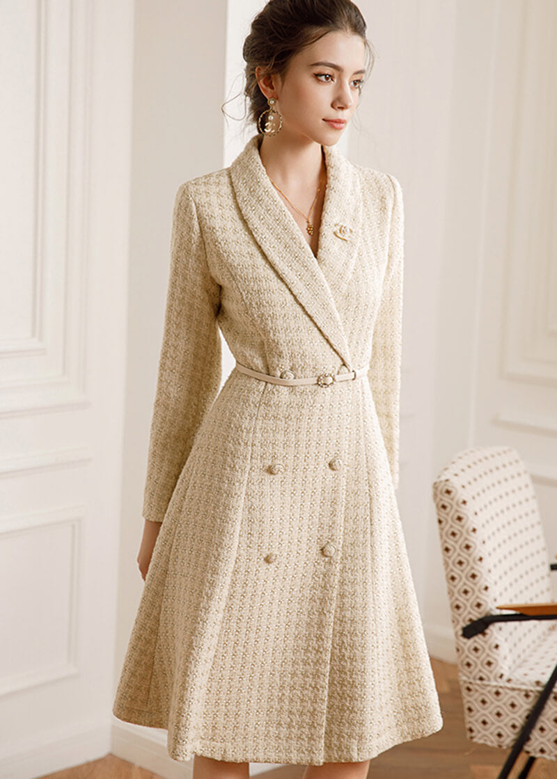 Women Tweed Double Breasted Belted Coat Dress | Vivian Seven