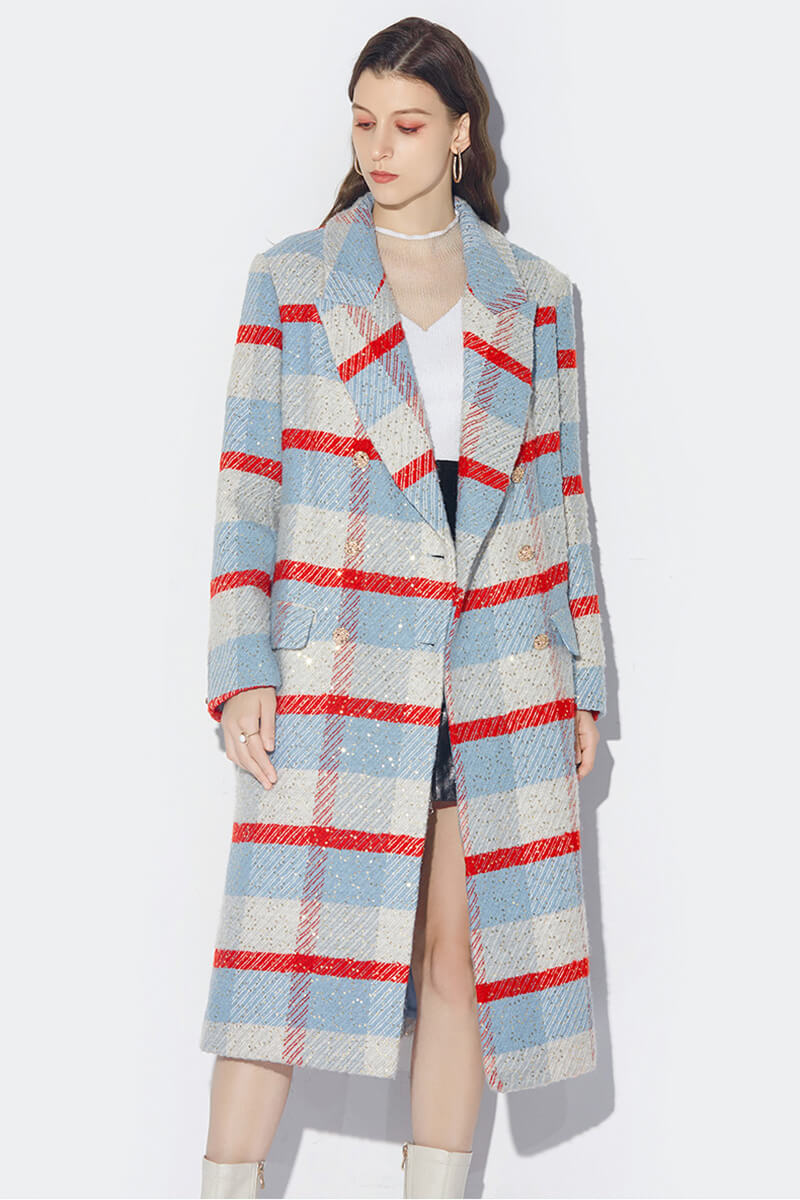 Renee Wool Blend Plaid Sequin Double Breasted Coat