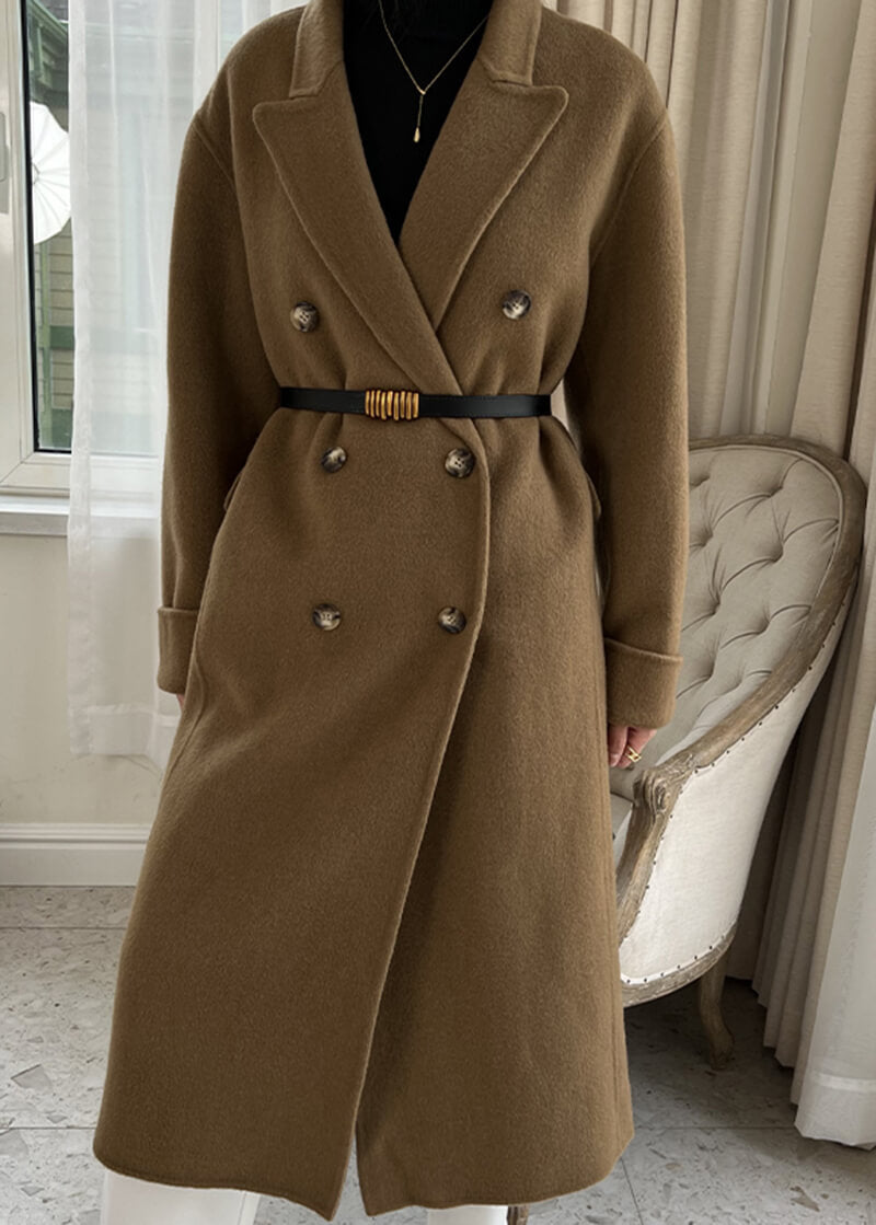 Double Breasted Notched Lapel Wool Long Coat | Vivian Seven