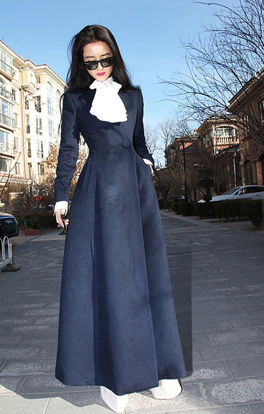 Full Length Wool Blend Flared Coat L / Blue