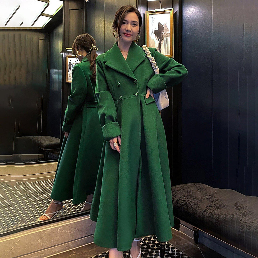 Women Green Wool Long Coat,Thicken Wool Overcoat,Double Breasted Coat,A  line Wool Trench Reefer Coat,Warm Winter Coat,Green Long Wool Coat