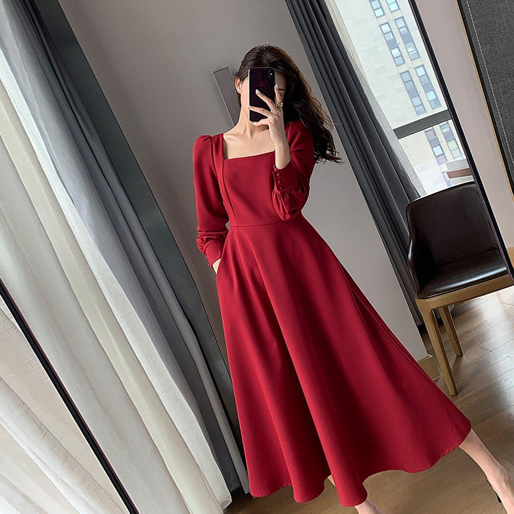 Long Sleeve Square Neck Fit & Flare Midi Dress | Vivian Seven XL / Red Long Sleeve Square Neck Fit & Flare Midi Dress | Vivian Seven XL / Red