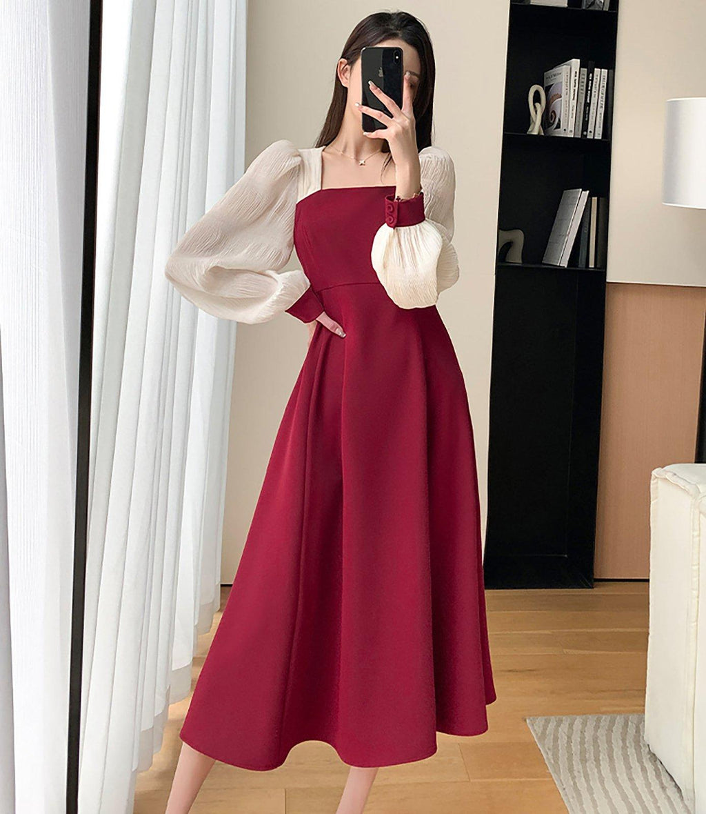 patchwork winter flare dress Fantoye Patchwork Sexy Square Collar Lace Women Dress Black Flare Sleeve French Dress Female Winter Slim Elegant Party Clubwear 241111