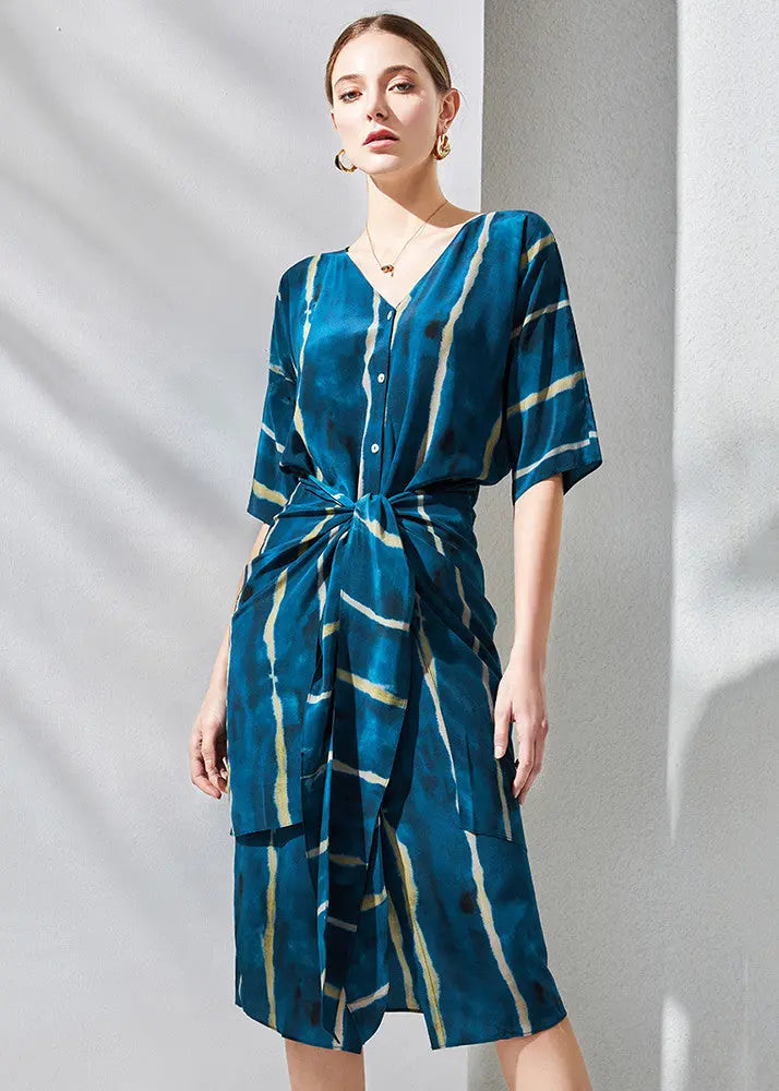 Blue Striped Silk Half Sleeve Dress