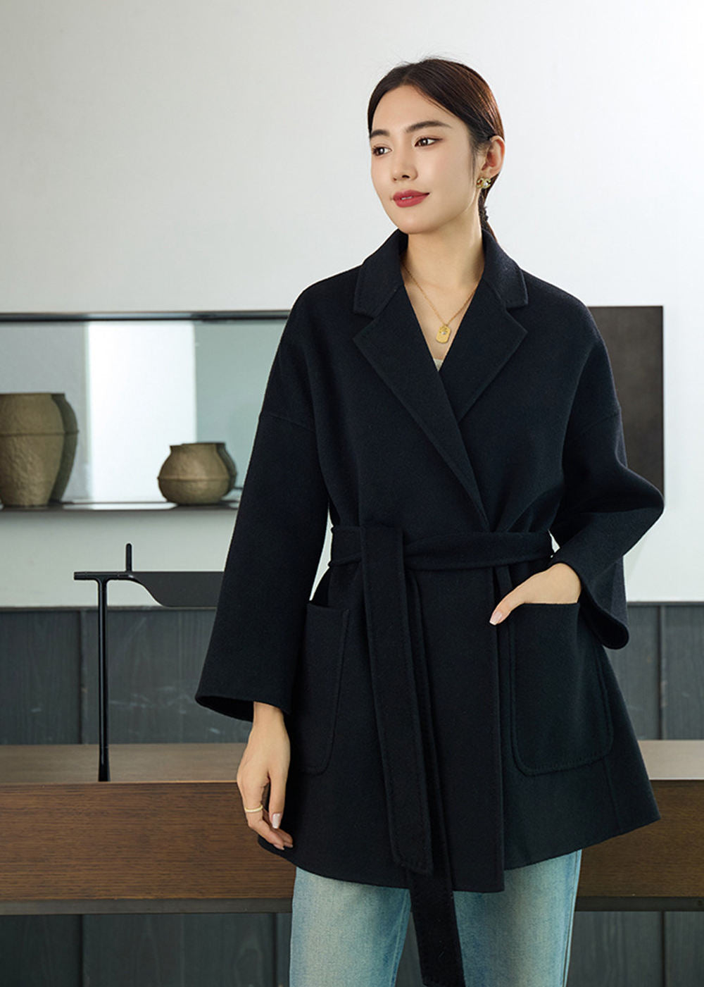 Imogen Open Front Belted Double Face Wool Coat – Vivian Seven
