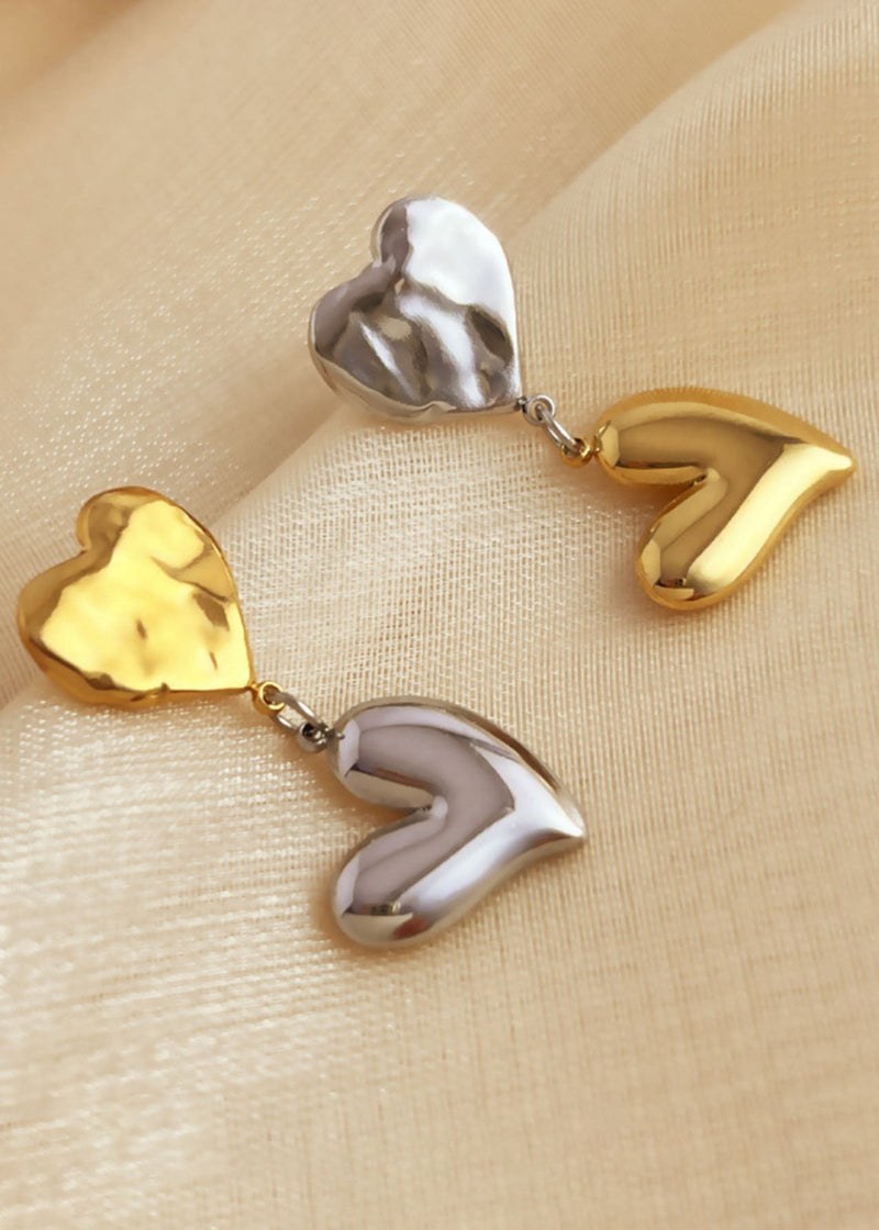 Colorblock Gold Silver Double Heart Drop Earrings