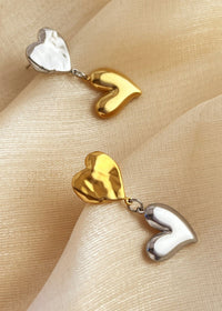 Colorblock Gold Silver Double Heart Drop Earrings