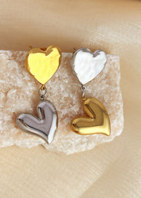 Colorblock Gold Silver Double Heart Drop Earrings