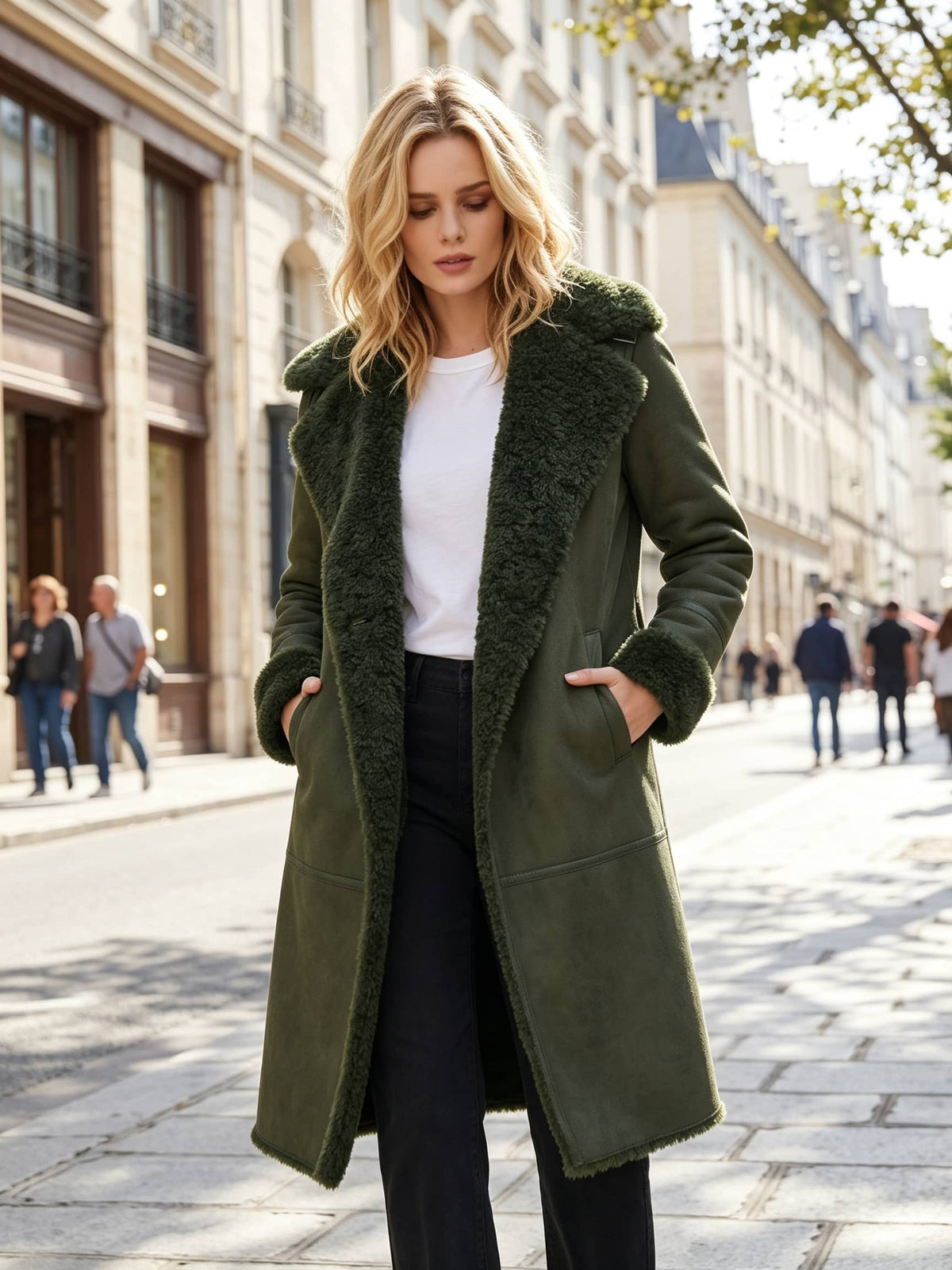 A woman stands on a city street wearing a long olive green shearling-lined coat over a white top and black pants. The background shows blurred buildings and pedestrians.