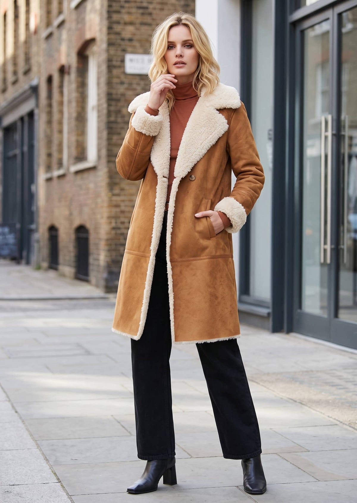A woman stands on a city sidewalk wearing a camel brown shearling coat over a rust-brown turtleneck, black wide-leg trousers, and black ankle boots.