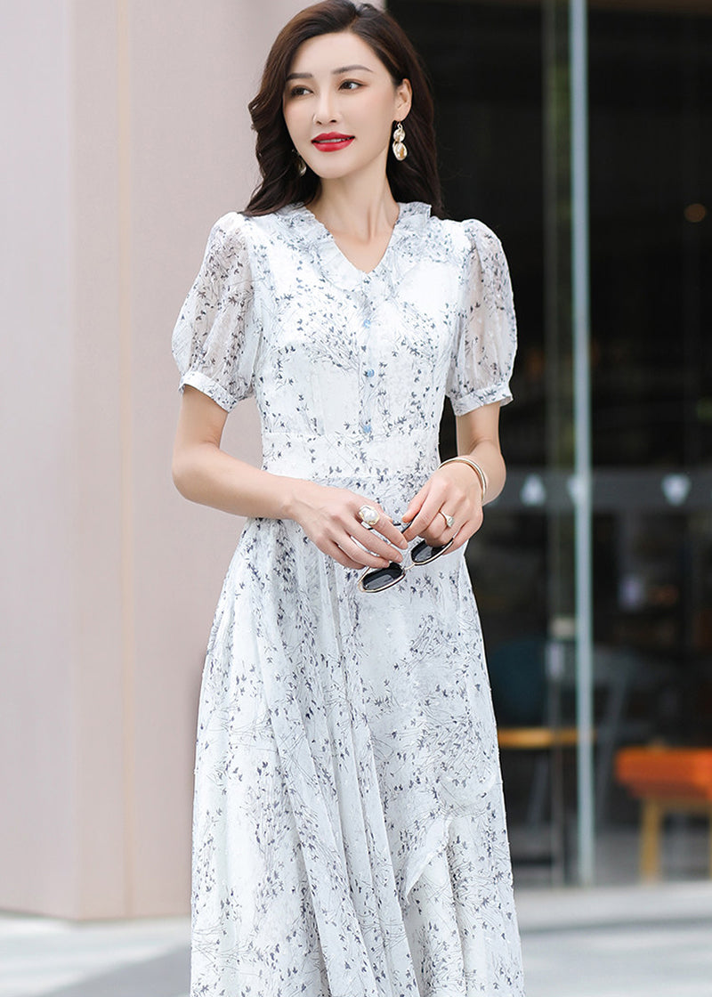 Floral V-Neck Puff Sleeve Maxi Dress