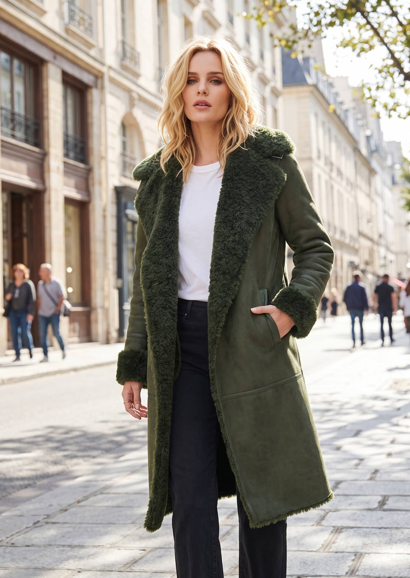 A woman stands on a city street wearing a long olive green shearling-lined coat over a white top and black pants. The background shows blurred buildings and pedestrians.