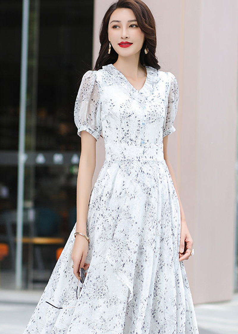 Floral V-Neck Puff Sleeve Maxi Dress
