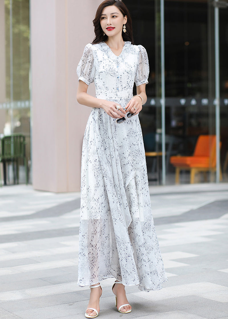 Floral V-Neck Puff Sleeve Maxi Dress