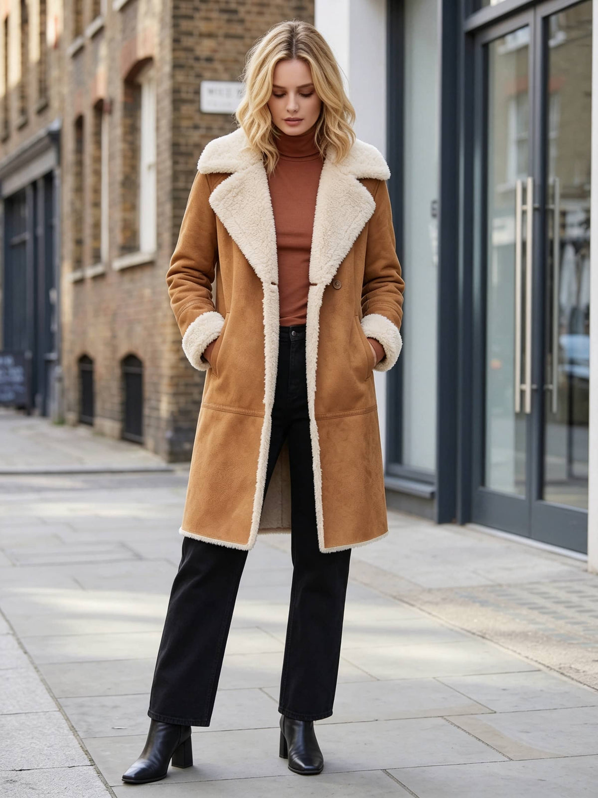 A woman stands on a city sidewalk wearing a mid-length tan shearling coat with a large cream collar and cuffs, a rust-brown turtleneck, black wide-leg trousers, and black ankle boots.