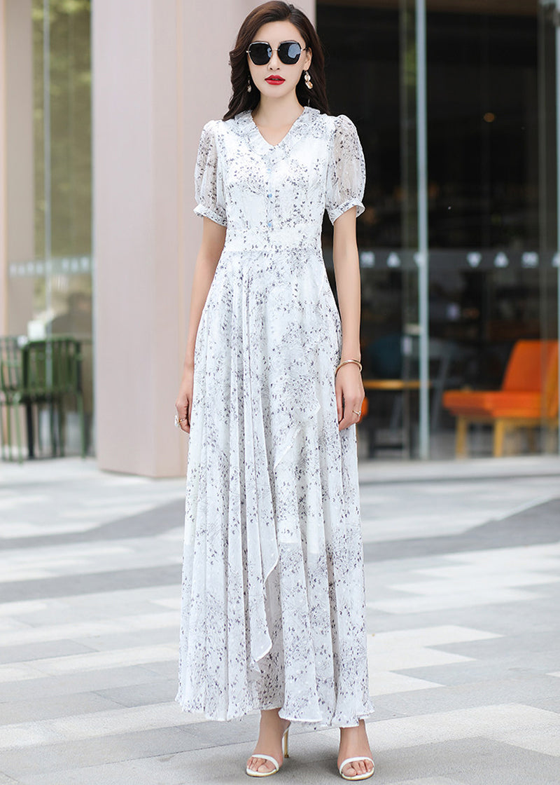 Floral V-Neck Puff Sleeve Maxi Dress