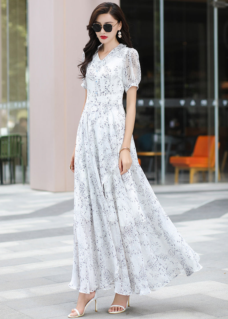 Floral V-Neck Puff Sleeve Maxi Dress