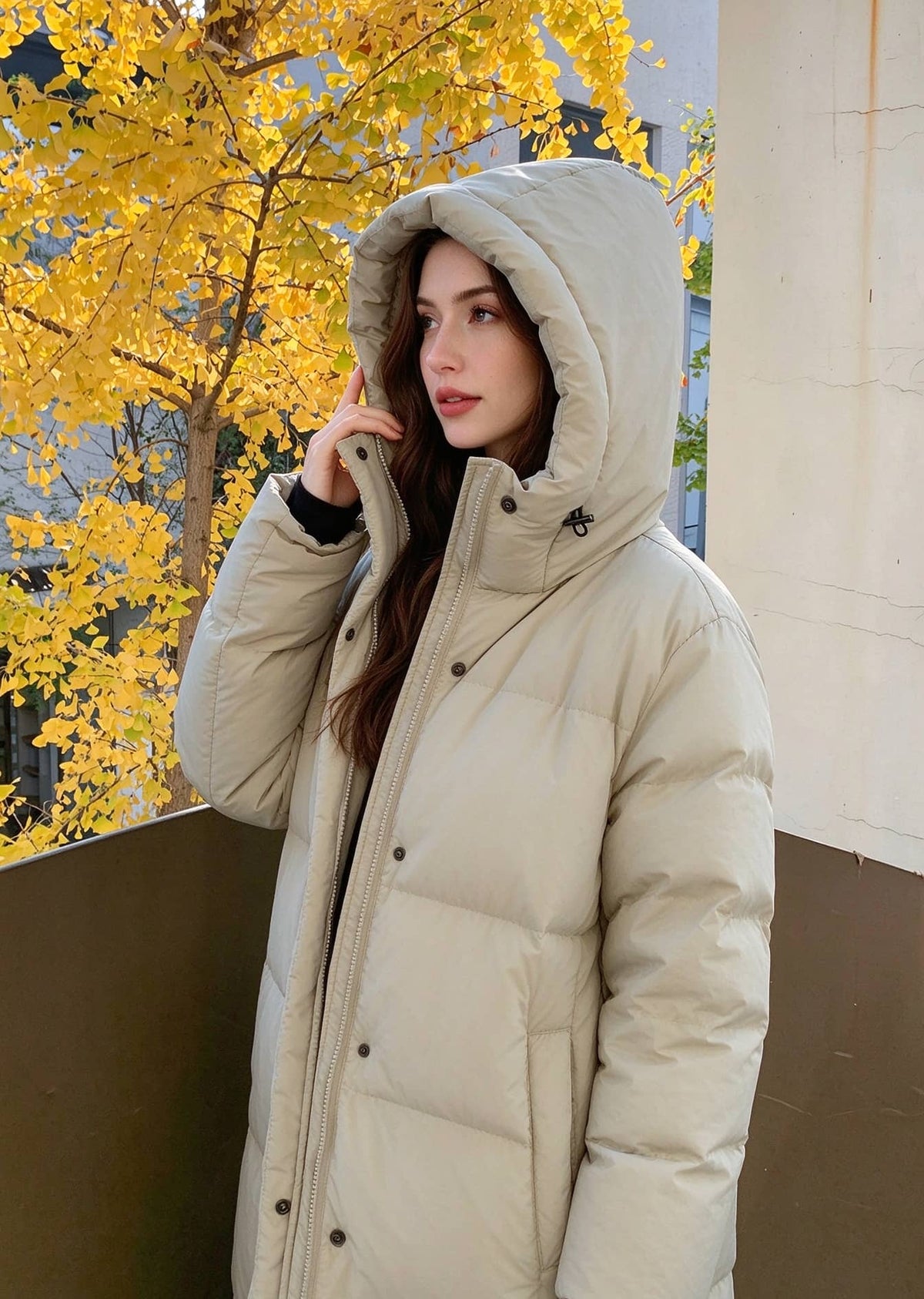 Close-up profile view of woman wearing beige 50 inches length hooded duck down puffer coat against autumn background
