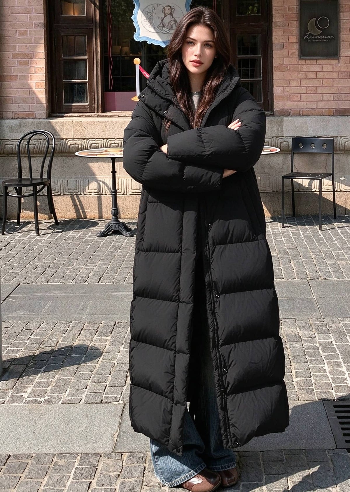 Full length portrait of woman with arms crossed wearing black 50 inches long hooded duck down puffer coat