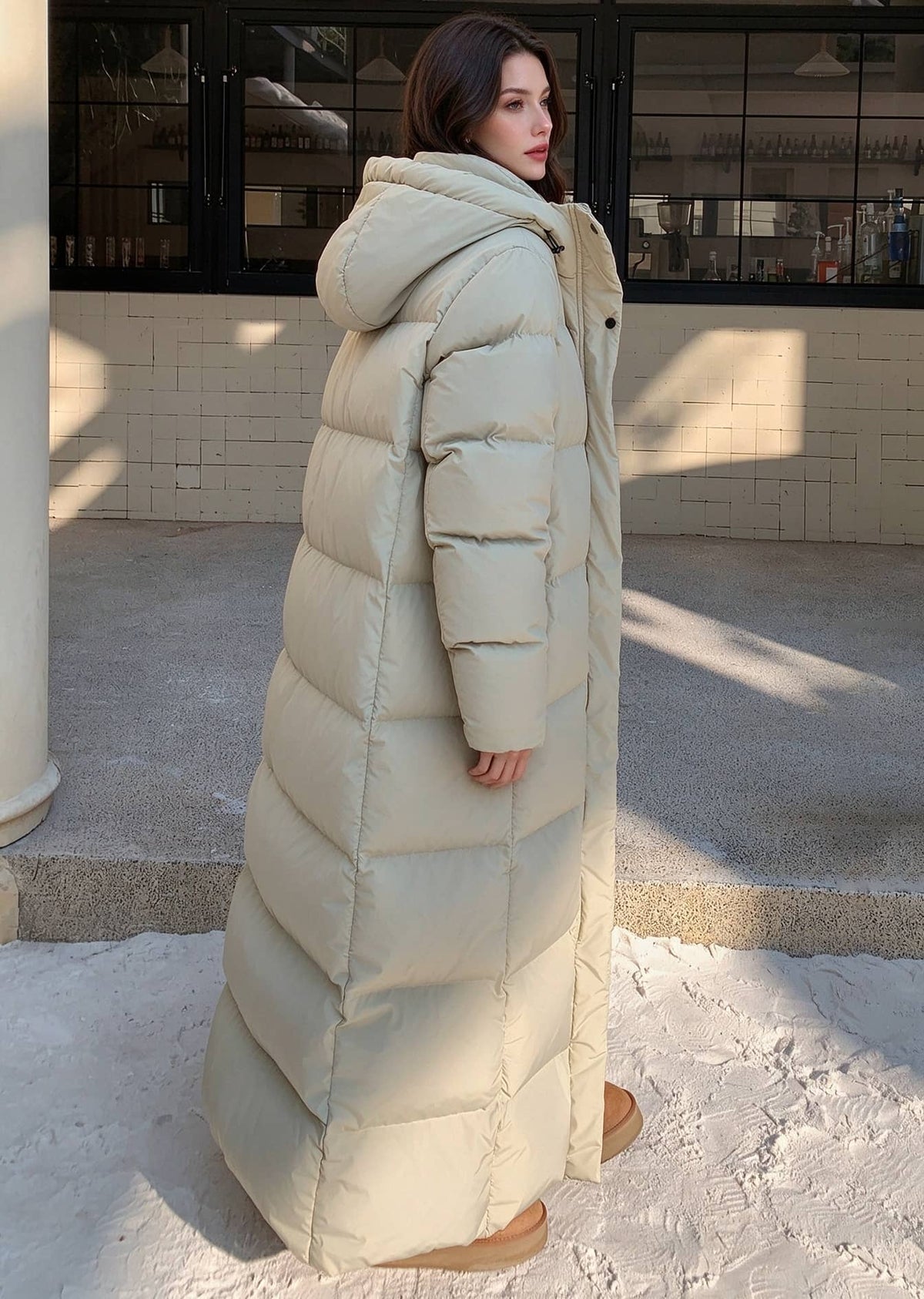 Back side profile view of woman wearing beige 50 inches length hooded duck down puffer coat