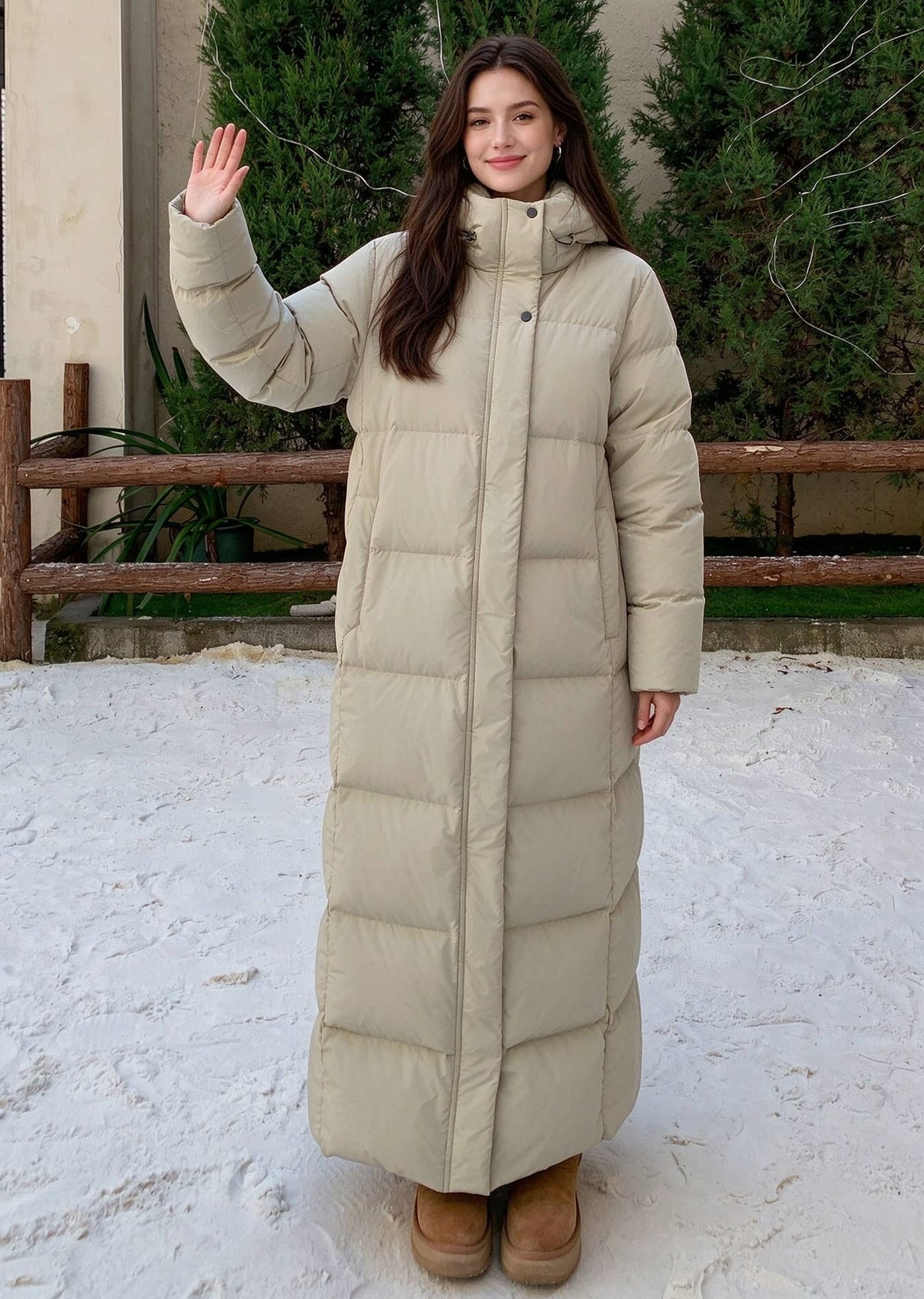 Full length front view of smiling woman waving hand wearing beige 50 inches long stand collar down puffer coat