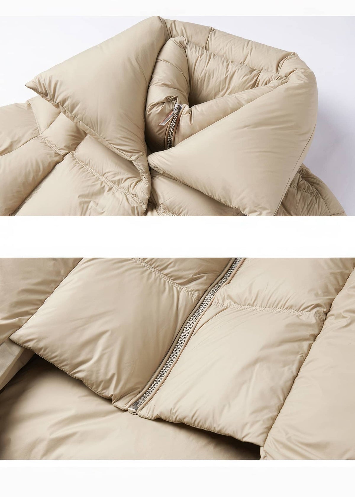 Close-up detail of beige double collar design and zipper closure on women's down puffer coat